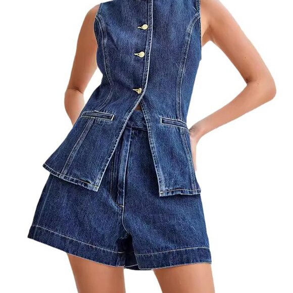 Denim Two Piece Set Sleeveless Mock Neck Top High Waisted Shorts Y2K